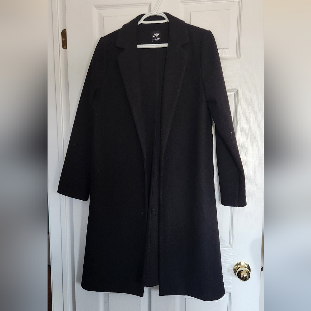 Zara Black Long Notch-Lapel Coat